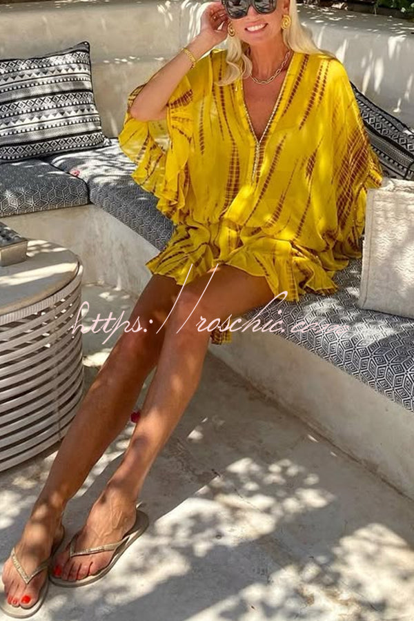 Lemon Flavor Tie Dye Ruffle Batwing Sleeve Elastic Waist Kaftan Mini Dress