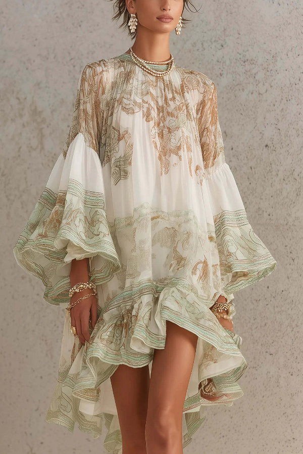 flared ruffle dress Mini Dress with Flared Sleeves and Printed Ruffles