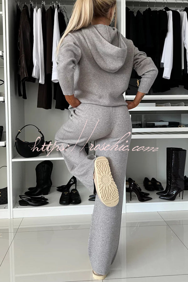 Solid Color Loose Hooded Tie Sweatshirt and Elastic Waist Casual Straight Pants Set
