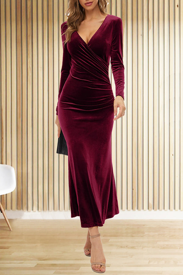 Solid Color Velvet Long Sleeve V-neck Slim Fit Fishtail Maxi Dress, Wine Red / S Solid Color Velvet Long Sleeve V-neck Slim Fit Fishtail Maxi Dress, Wine Red / S