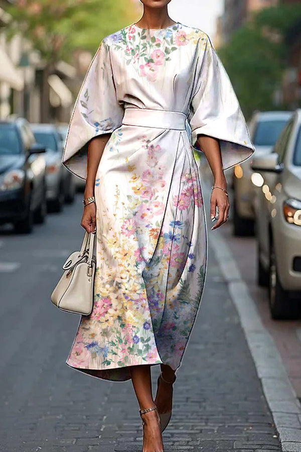 Unique Print Batwing Sleeve Waisted Casual Midi Dress