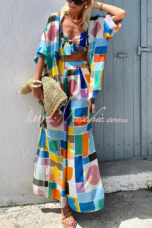 Summer Colors Printed Kimono + Knotted Tank + Elastic Waist Pocket Three-pieces Pants Set