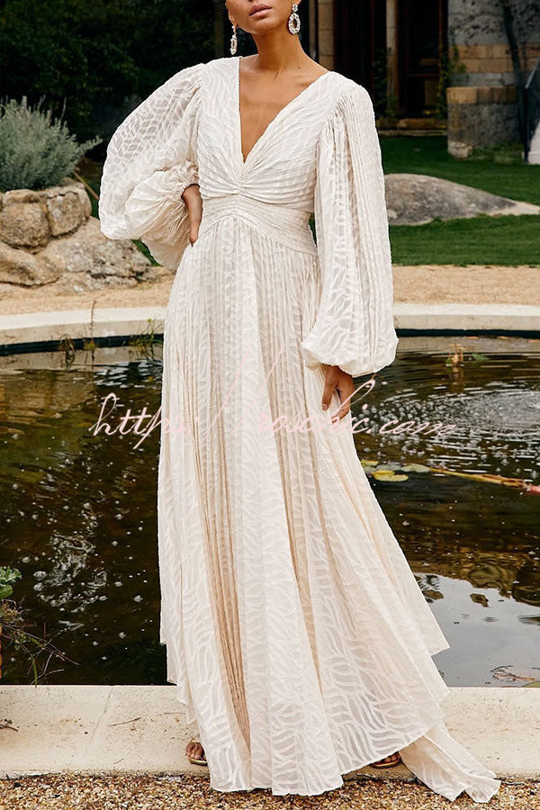 Wedding Guests Pleated Textured Chiffon Fabric Balloon Sleeve Open Ba   roschic