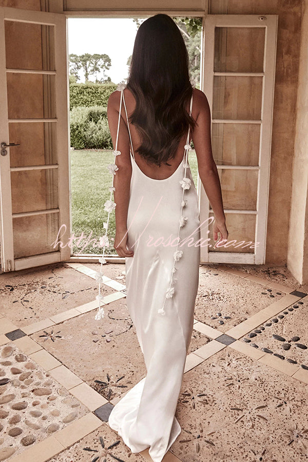 Rose Power Satin 3D Floral Detail Shoulder Strap Backless Gown Maxi Dress