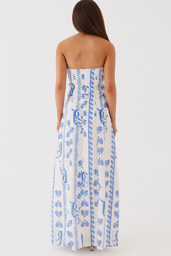 Freya Linen Blend Floral Wave Print Ruched Bust Strapless Maxi Dress –  roschic