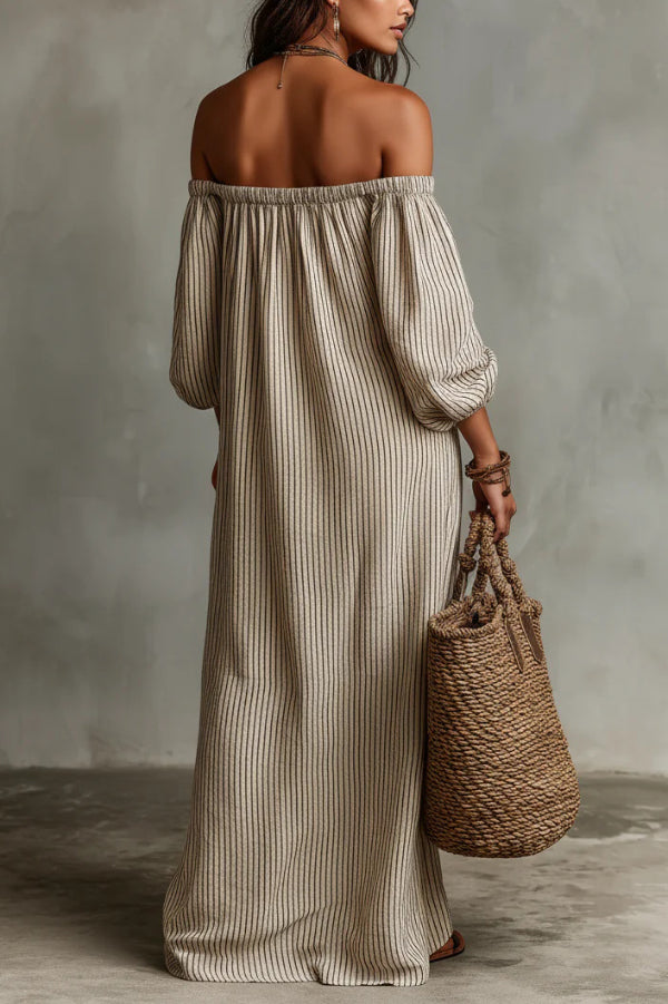 Linen Blend Striped Print Loose Off-shoulder Casual Maxi Dress  roschic