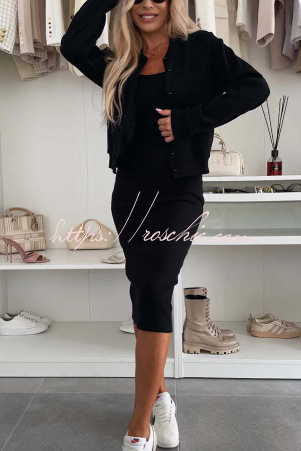 Comfort and Femininity Knit Ribbed Button Up Long Sleeve Bomber Jacket