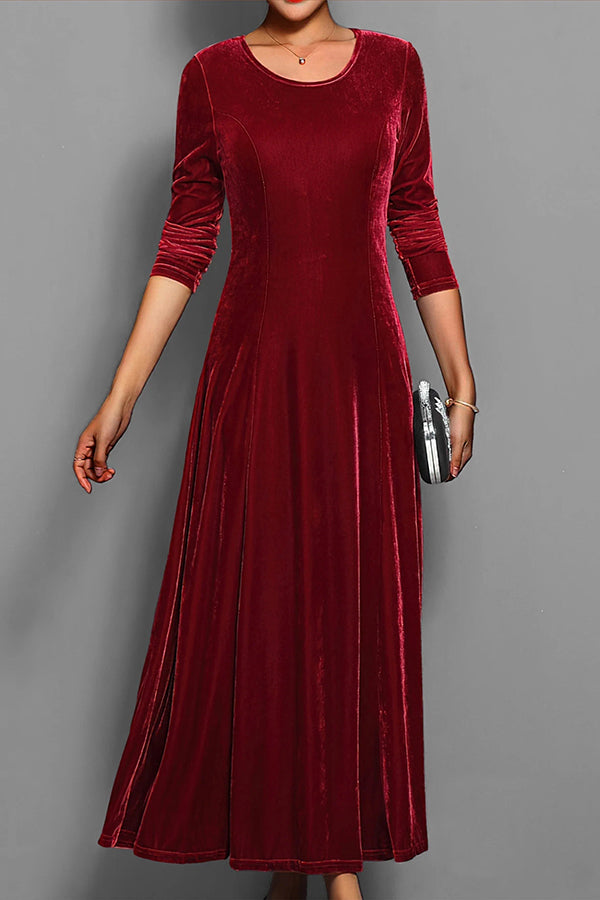 Solid Color Velvet Round Neck Long Sleeve Slim Midi Dress