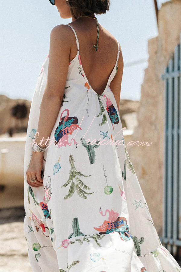 Summer Fashion Unique Print Round Neck Suspender Backless Midi Dress