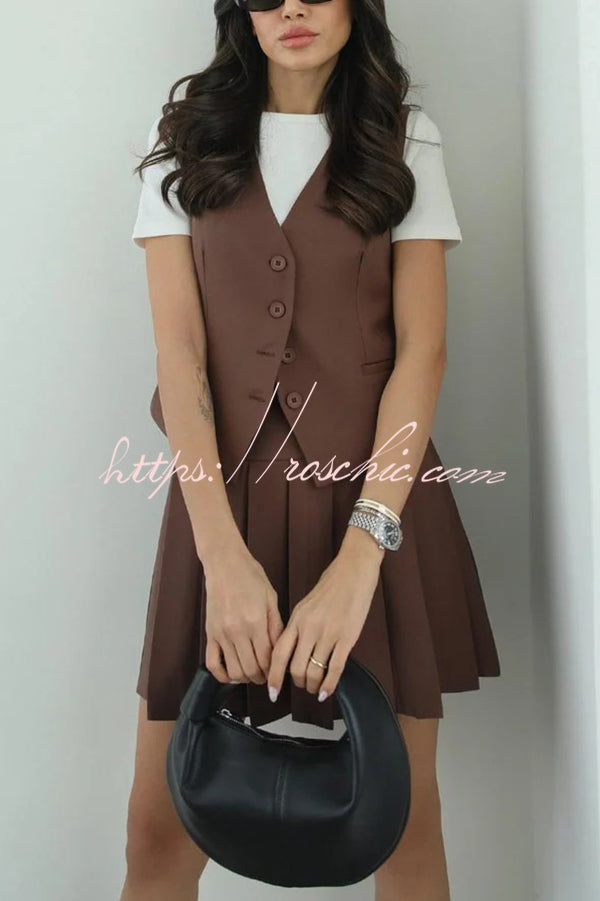 Solid Color Sleeveless Buttoned Vest and High-waisted Pleated Mini Skirt Set