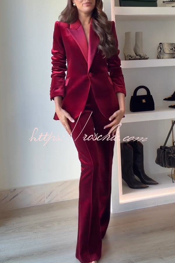 Delicate Daze Velvet Satin Lapel Button Up Long Sleeve Tapered Waist Blazer
