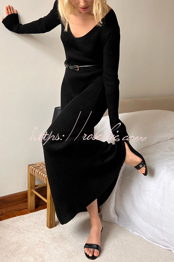 Solid Color V-neck Long-sleeved Slim-fit Elegant Knit Maxi Dress