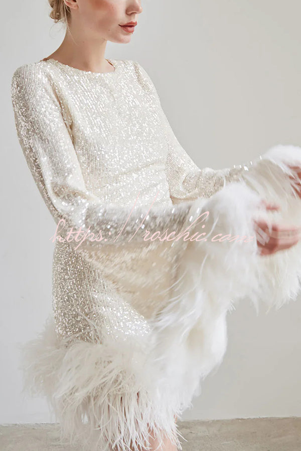 Stylish Sequined Feather Long-sleeved Sexy Backless Mini Dress