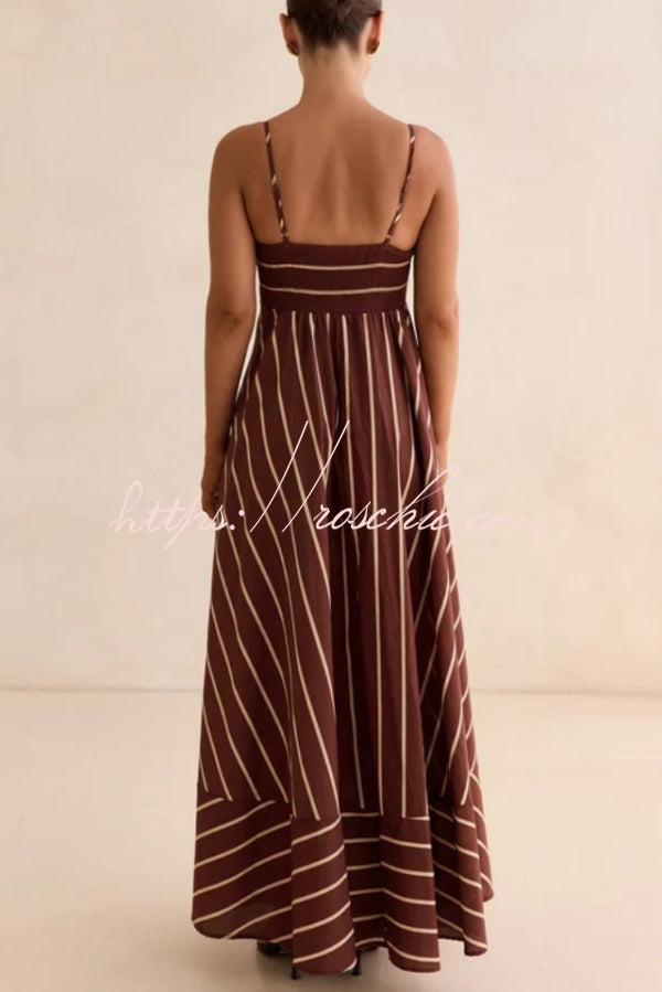 Striped Print Square Neck Spaghetti Strap High Waist Casual Maxi Dress   roschic
