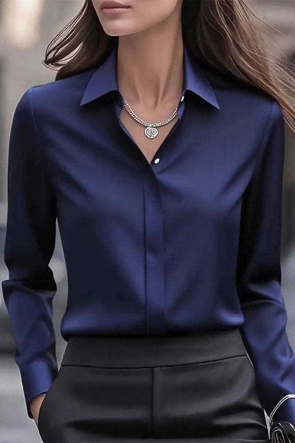 Solid Color Satin Lapel Long-sleeved Casual Shirt