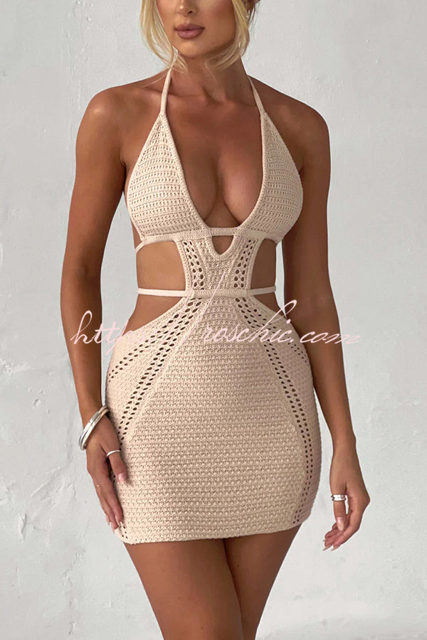 Effortlessly Cool and Sexy Knit Crochet Cutout Halter Tie-up Stretch Mini Dress