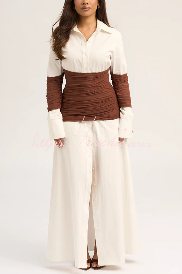 Fashionable Pleated Contrast Patchwork Waist Long Sleeve Button Shirt Maxi Dress