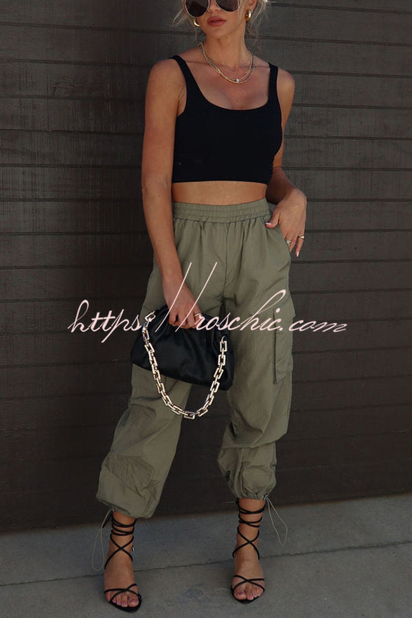 Let��s Rewind Nylon Elastic Waist Pocketed Cargo Pants