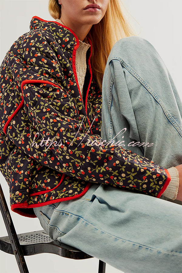 Floral Print Pocket Contrast Concealed Button Cotton Coat