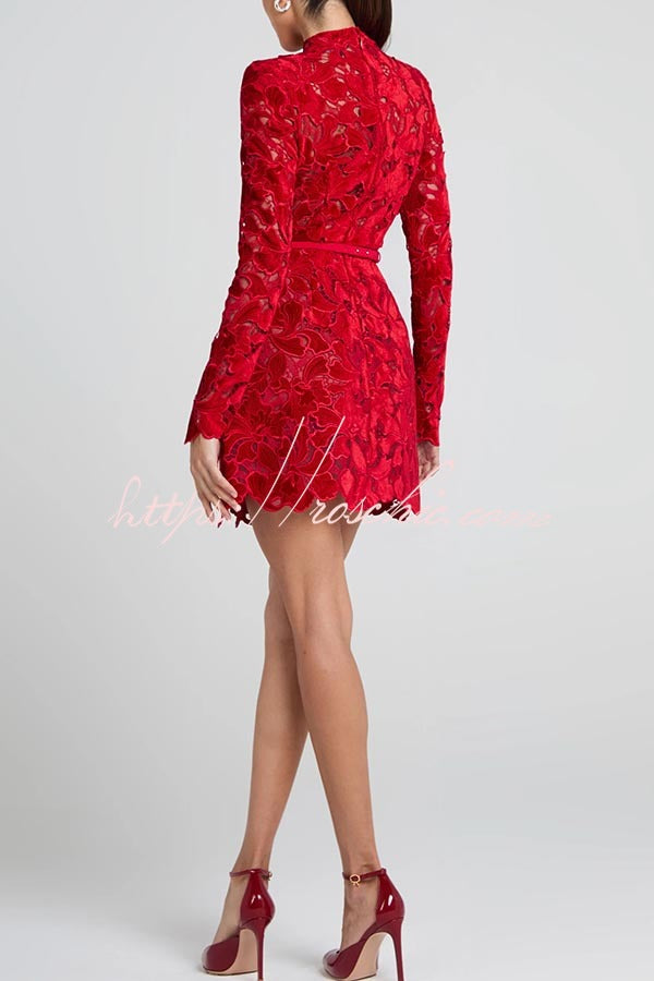 Lydia Embroidered Floral Lace Long Sleeve Belt Tulip Shaped Mini Dress