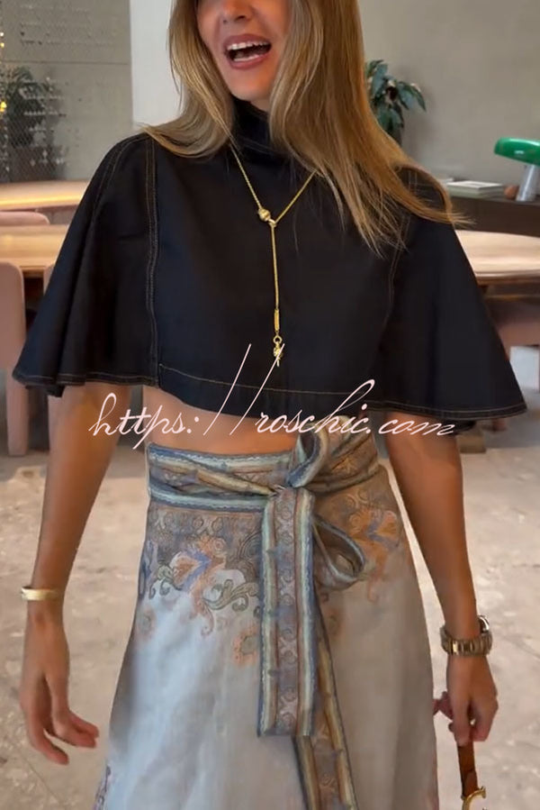 Next Vacation Denim Mock Neck Short Flutter Sleeves Crop Top – roschic