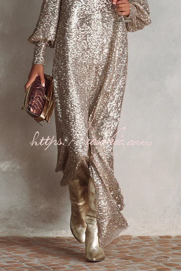 Minimalist Sparkling Sequin V-neck Long Balloon Sleeve Slit Party Maxi Dress