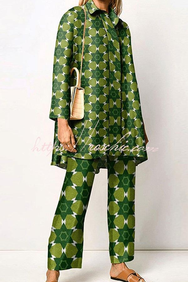 Geometric Print Lapel Long Sleeved Top and Pants Two Piece Set