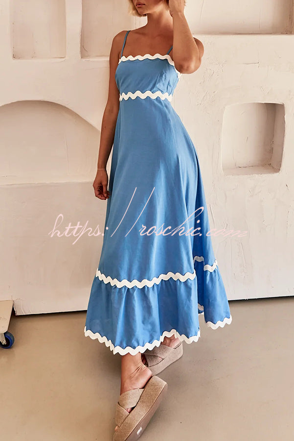 Bayside Beauty Wave Trim Patchwork Back Smocked Suspender Maxi Dress