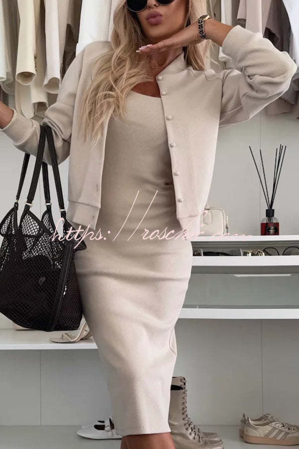 Comfort and Femininity Knit Ribbed Button Up Long Sleeve Bomber Jacket