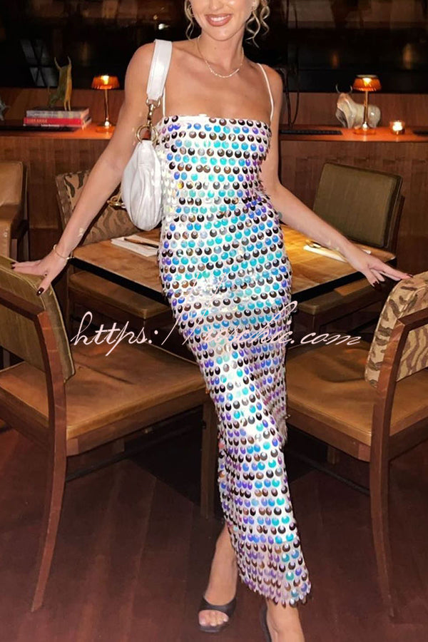 Glamour Glow Sequin Spaghetti Strap Birthday Party Midi Dresses