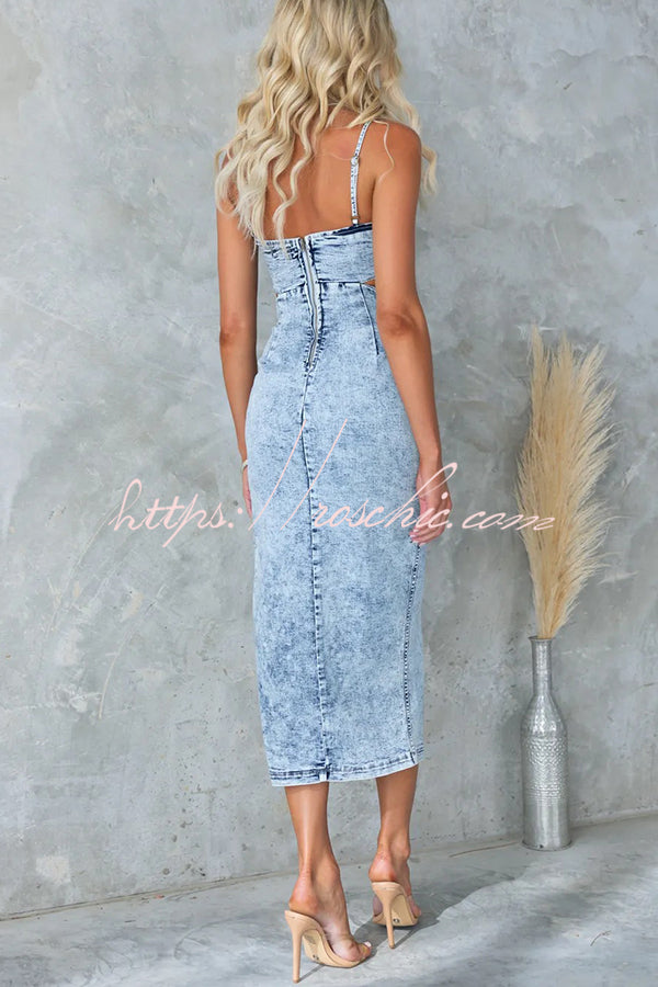 Felicia Washed Denim Princess Seams Cutout Waist Back Zipper Stretch Midi Dress