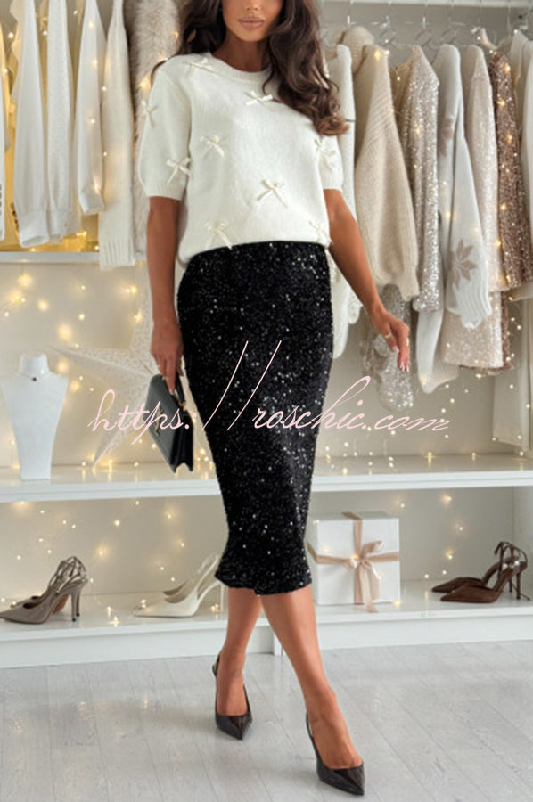 Light The Night Velvet Sequin High Rise Elastic Waist Pencil Slit Midi Skirt