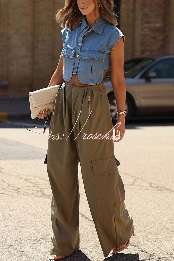 Great Week Pleated Elastic Waist Zipper Pocket Wide Leg Cargo Pants