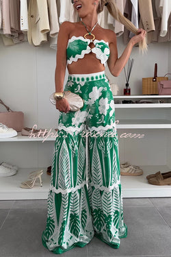 Cassie Ric Rac Trims Unique Print Halter Ring Tank and High Rise Wide Leg Pants Set