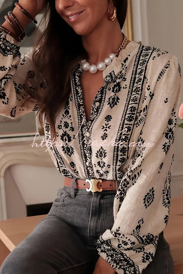 Unique Print Long-Sleeved Button-Up Elegant Shirt