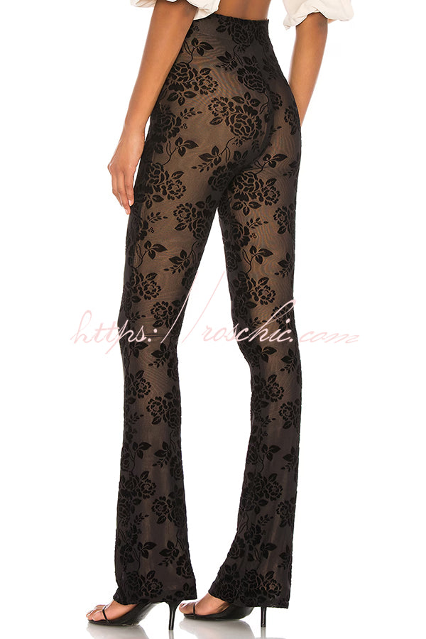 Romance Detail Flower Pattern Mesh Elastic Waist Stretch Flare Pants