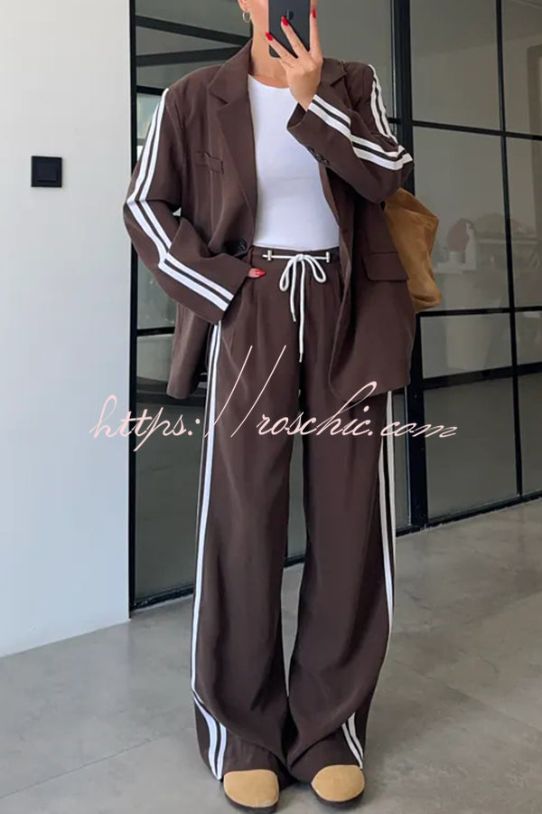 Levvie Striped Trim Long Sleeve Lapel Blazer and Rope Belt Pocketed Wide Leg Pants Set