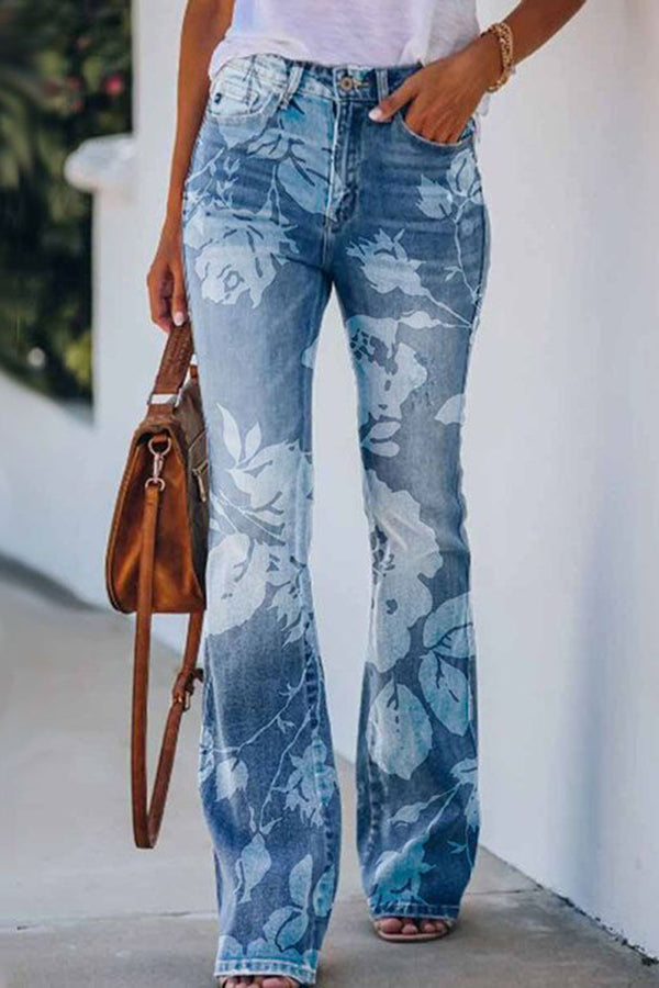 On A Drive Printed Faux Denim High Rise Flare Pants