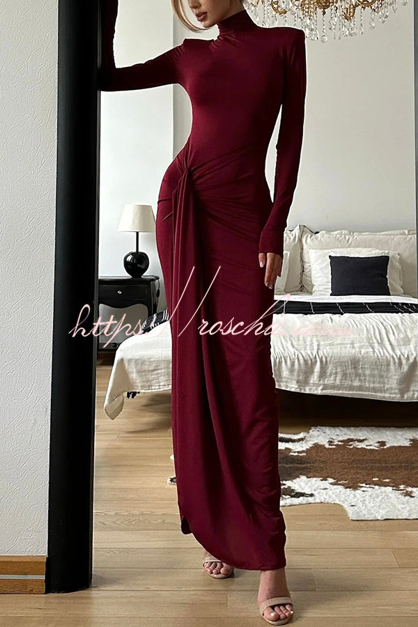 Luxe Silhouette High Neck Shoulder Pads Drape Stretch Maxi Dress