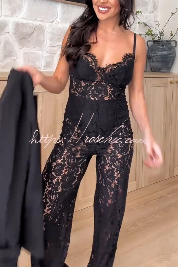 Sexy Moment Floral Lace Lined Suspender Wide Leg Stretch Jumpsuit