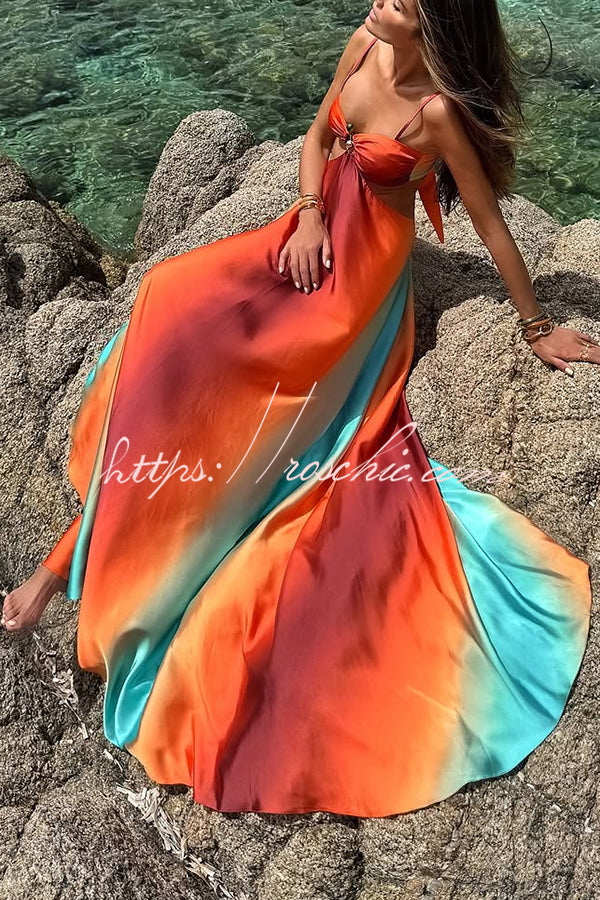 Neon Sunset Printed Metal Decoration Cutout Back Tie-up Vacation Maxi Dress, Orange / S