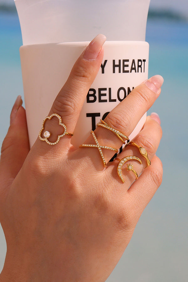 Elegant Super-shiny Zircon Star and Moon Irregular Geometric Ring