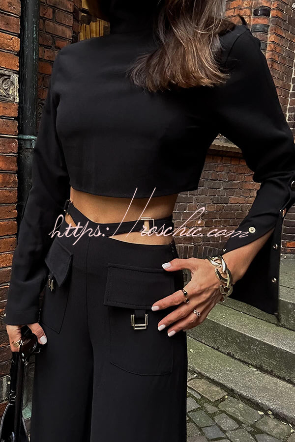 Leia High Neck Button Bell Sleeve Top and Cutout Waist Metal Pocketed Flare Pants Set