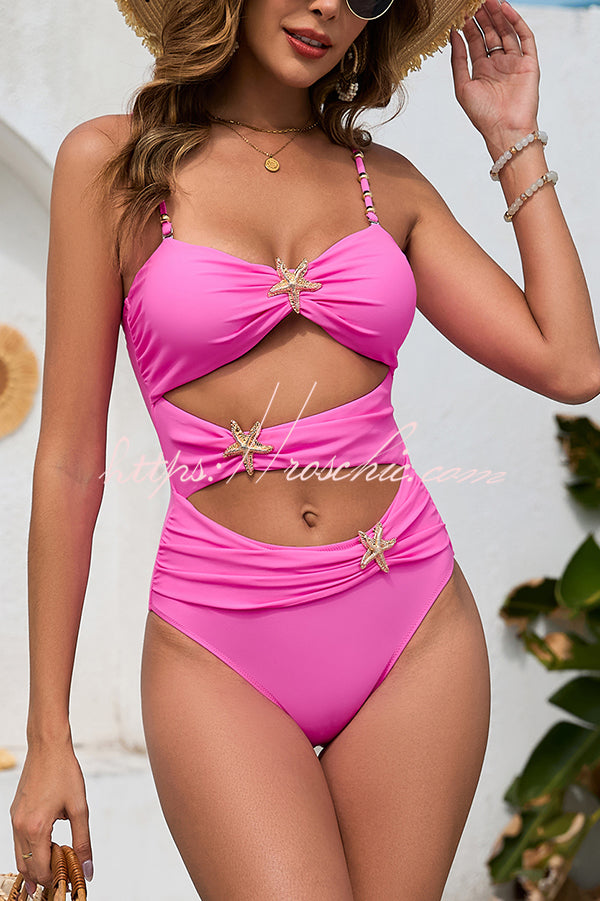 Fashionable Stitching Starfish Metal Buckle One-piece Stretch Bikini Swimsuit