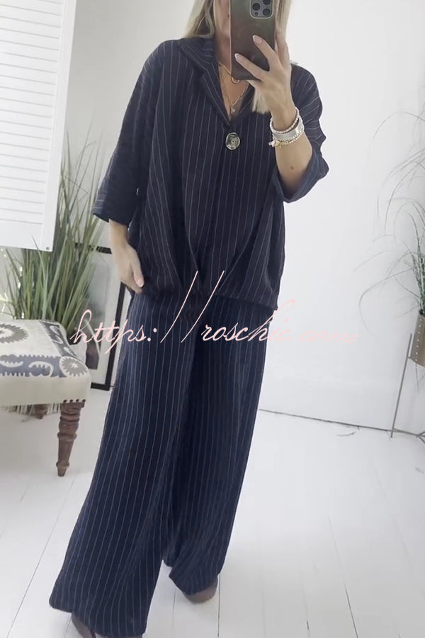 Fashion Striped Print Lapel Loose Top and Elastic Waist Casual Wide-leg Pants Set