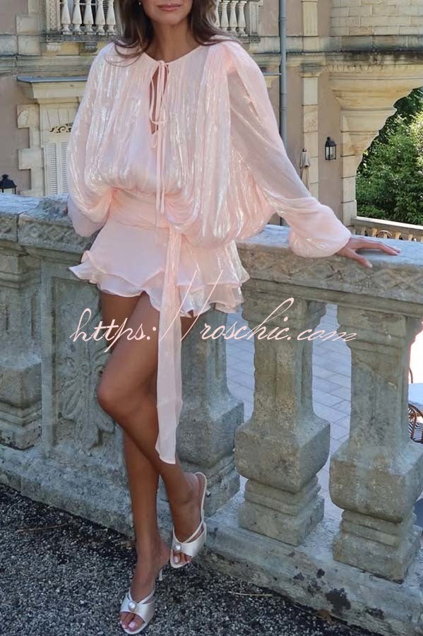 Ninah Glitter Fabric Pleated Balloon Sleeve Tiered Ruffle Hem Mini Dress