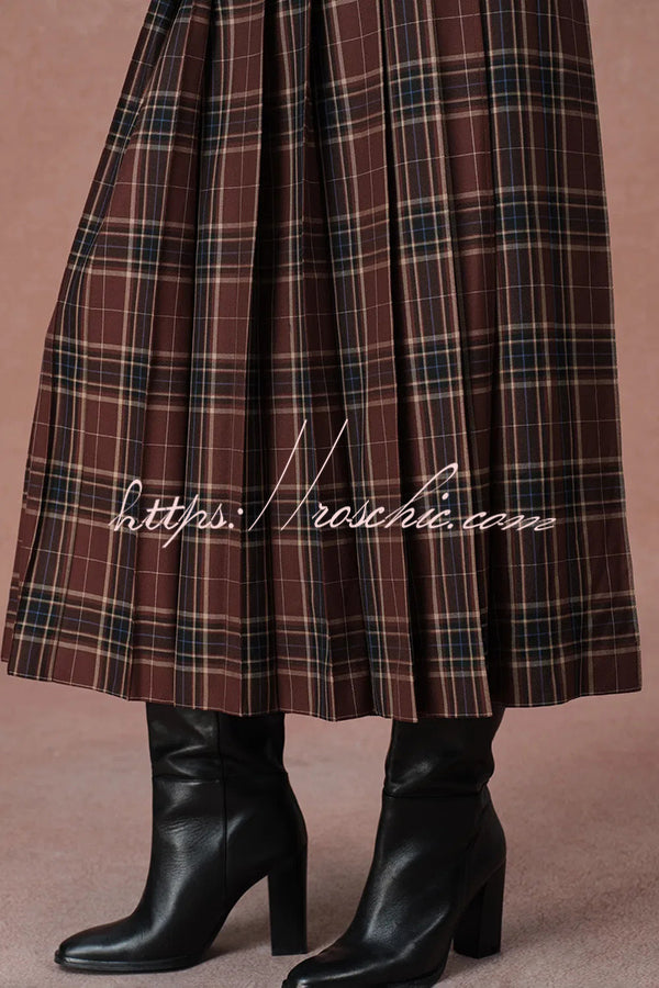 Yehudit Plaid Belt Buckle Design High Rise Pocket Midi Umbrella Skirt