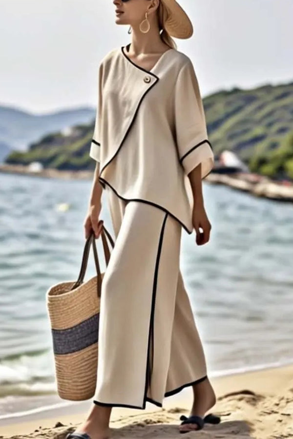 Stylish Color Trim Asymmetrical Casual Top and Elastic Waist and Wide-leg Pant Set