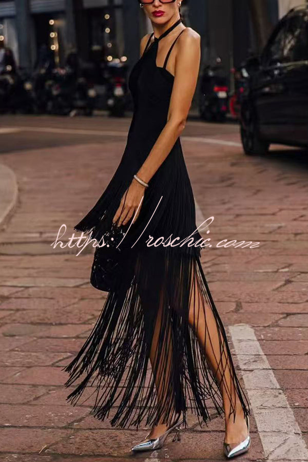 Sexy Halterneck Open Back Elegant Tassel Slim Maxi Dress