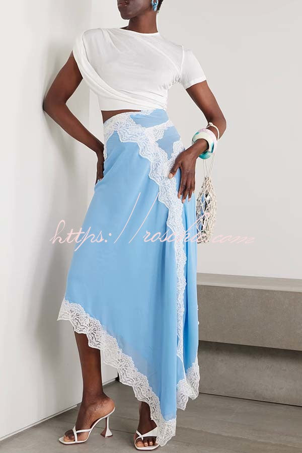 Verve Ribbed Jersey Cutout Waist Asymmetric Satin Lace Hem Maxi Dress